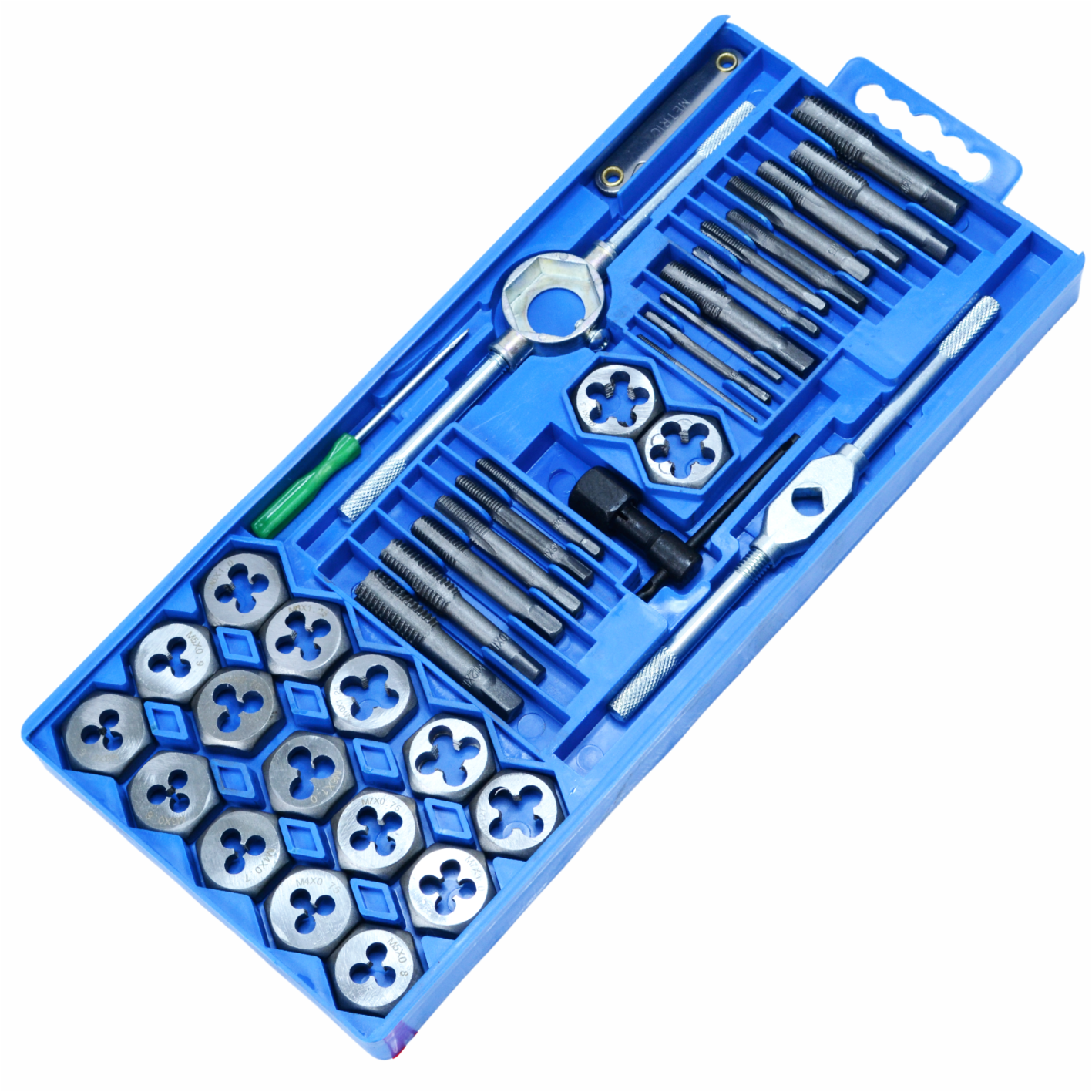 40-osaline keermetappide ja -plaatide komplekt mustas karbis