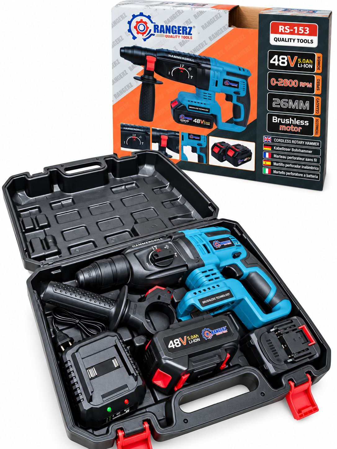RANGERZ RS-153 Cordless Rotary Hammer 48V 5.0Ah – 26mm Brushless SDS-Plus, 2 Batteries