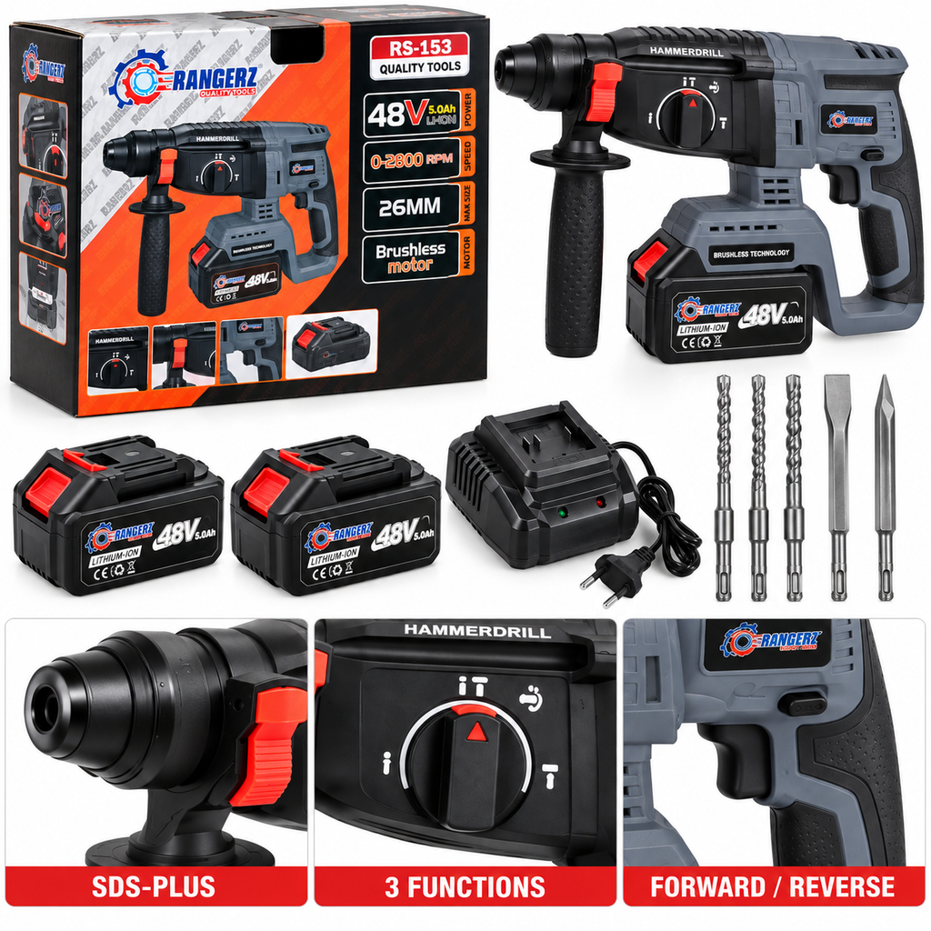 RANGERZ RS-153 Cordless Rotary Hammer 48V 5.0Ah – 26mm Brushless SDS-Plus, 2 Batteries