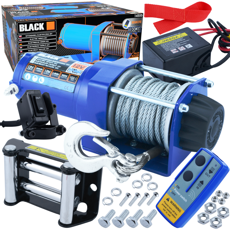 Komplekt 1,1T 2500 12V elektriline vintsi kaugjuhtimispuldiga ja Black köiega