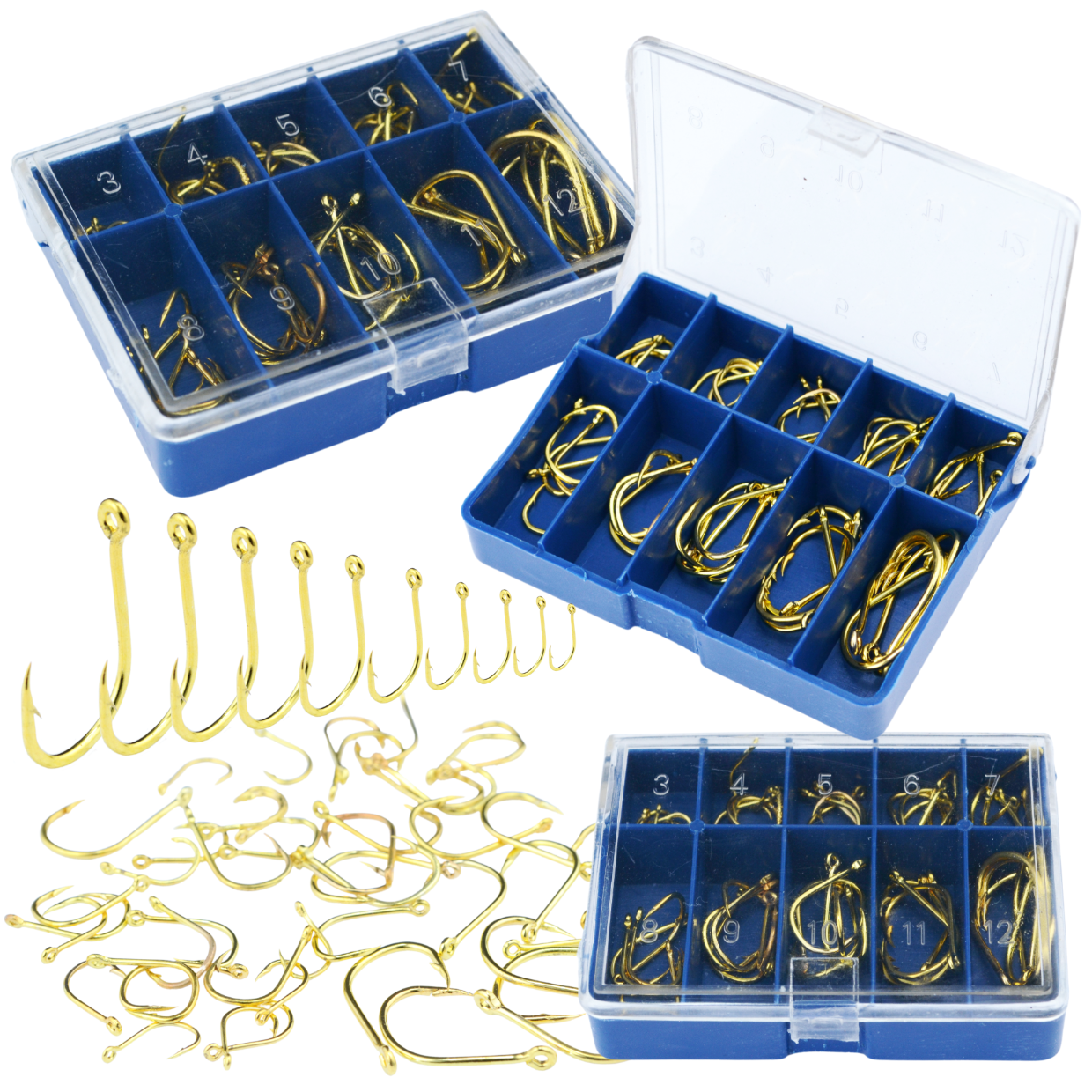 50 tk kuldsete silmaga õngekonksude komplekt, 10 suurust, karp kaasas