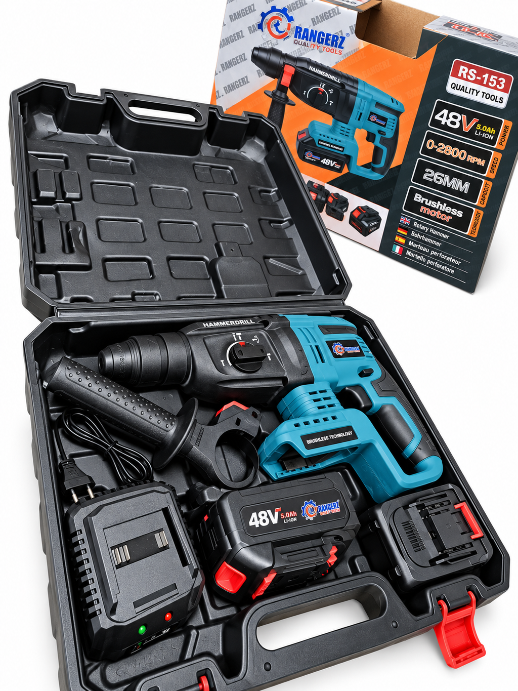 RANGERZ RS-153 Cordless Rotary Hammer 48V 5.0Ah – 26mm Brushless SDS-Plus, 2 Batteries