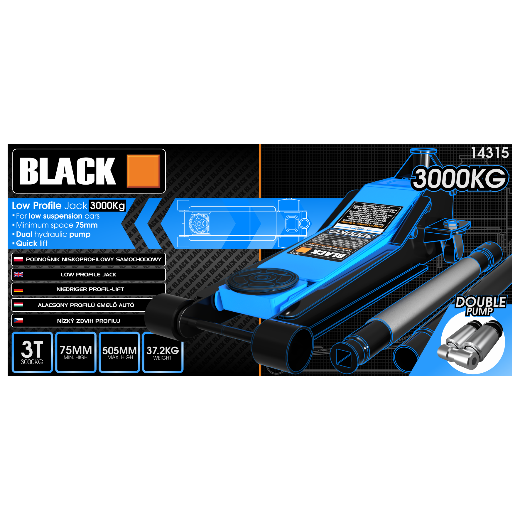 Frog 3T madala profiiliga kahekolviline hüdrauliline tungraud 505mm 37kg Black