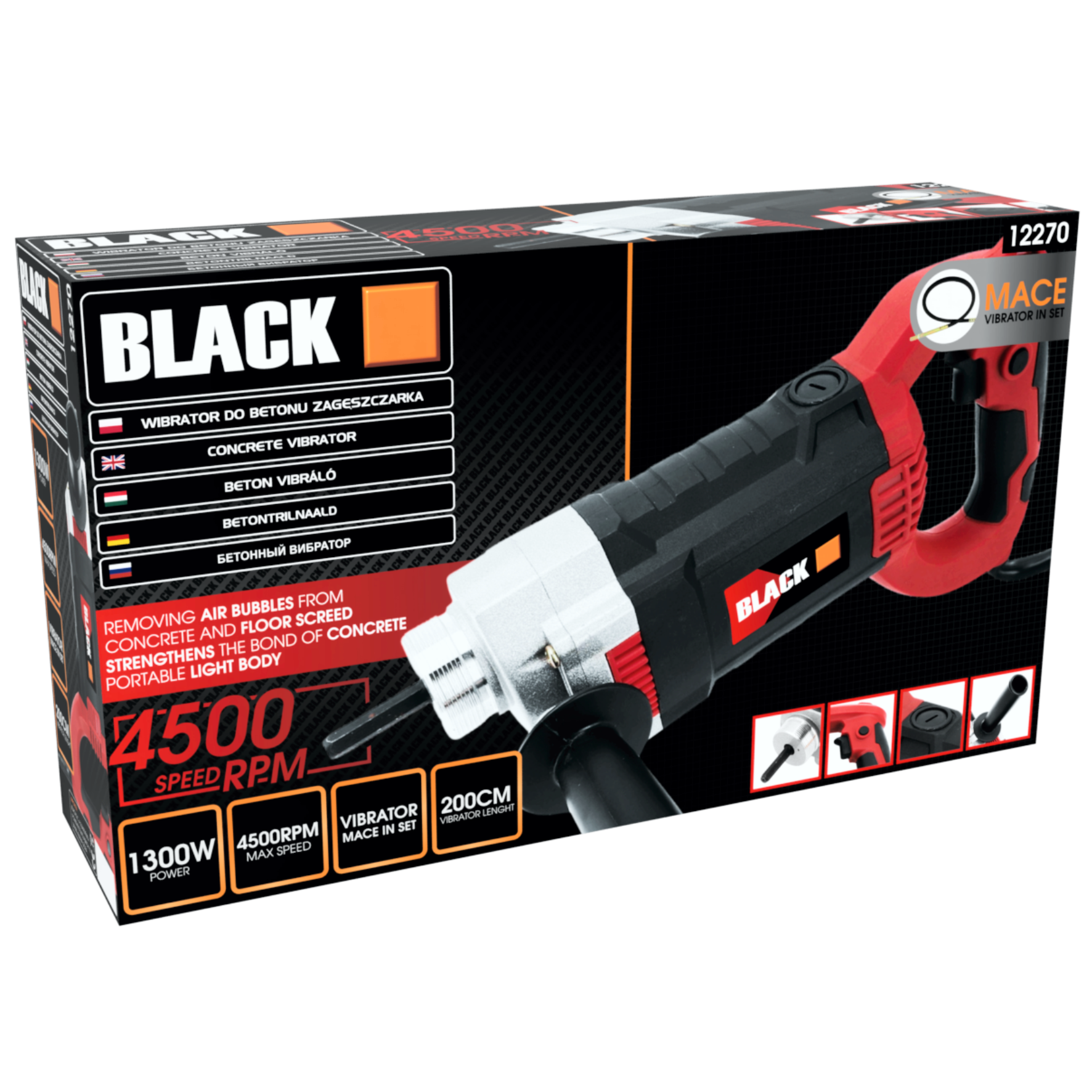 Black Brand elektriline betoonivibraator 1350W, 2m vardaga