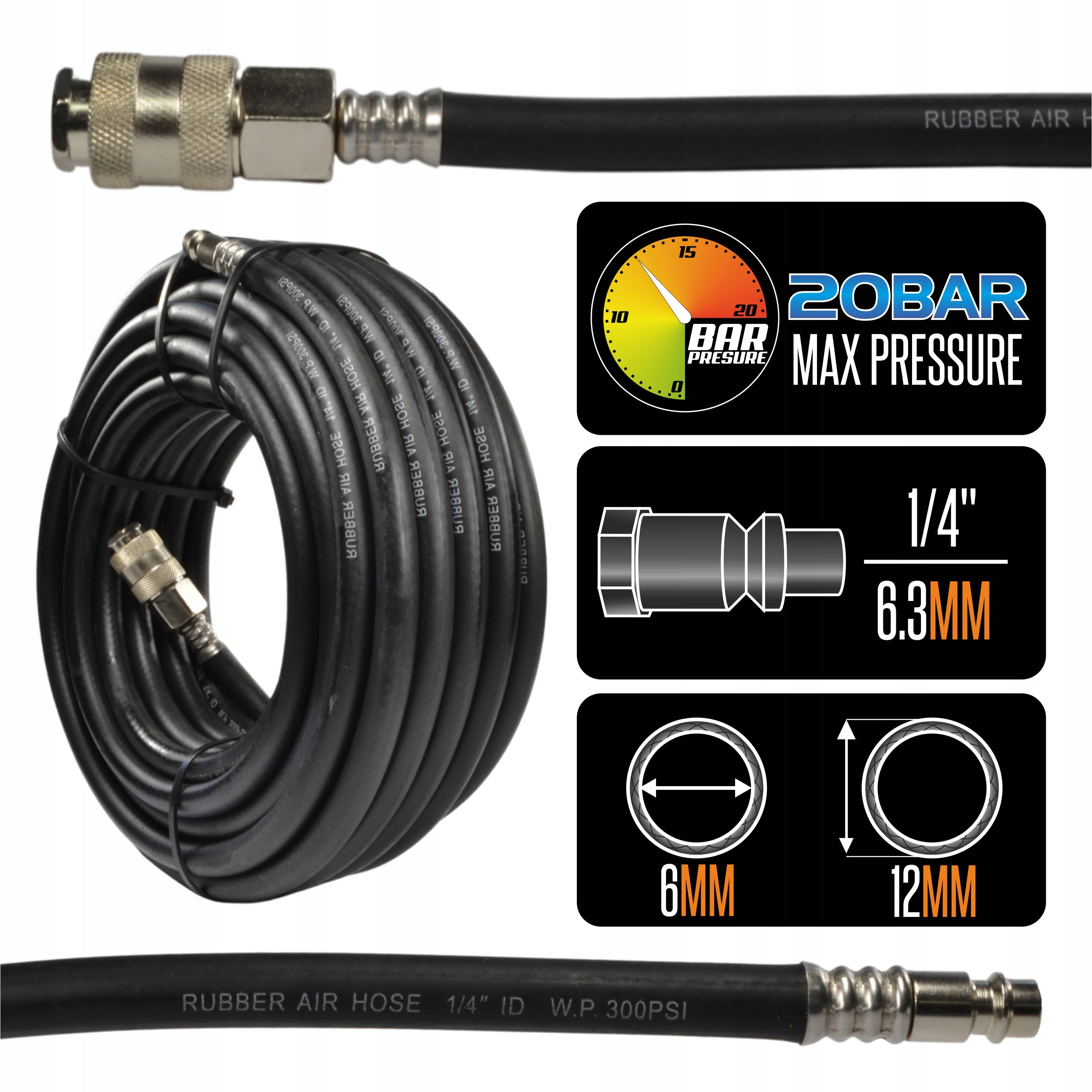 Black 10M 1/4" Rubber Hose Crimped Pneumatic Pipe for Compressor