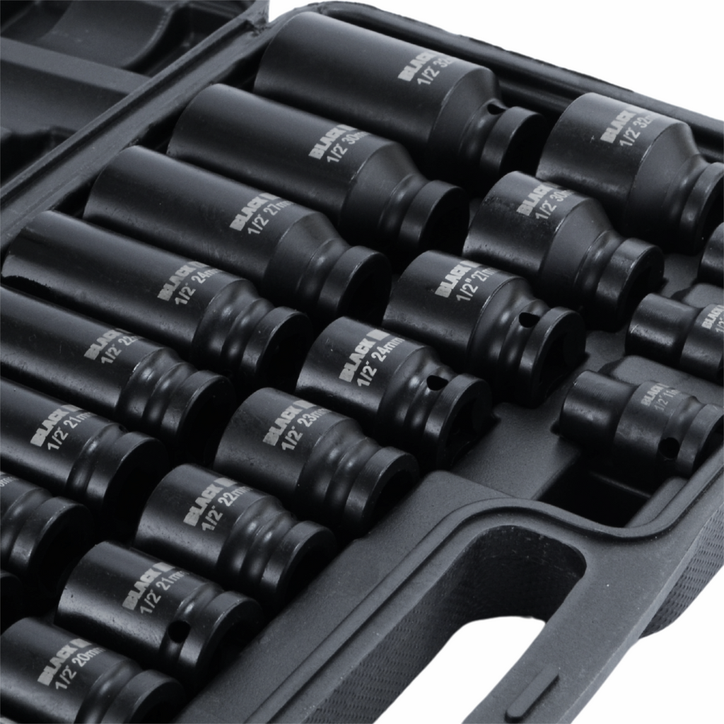 Large Set of 35 Impact Sockets 8-32mm 1/2" Hexagon Black CrMo in Case