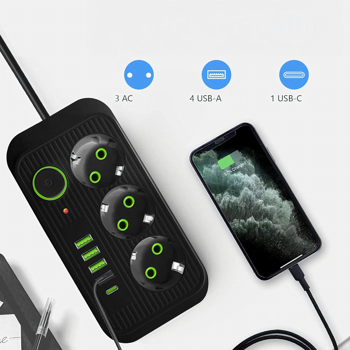 2 m pikendusjuhe 3 pistikupesa ja 5 USB-laadimispordiga, lülitiga RC-K-1852