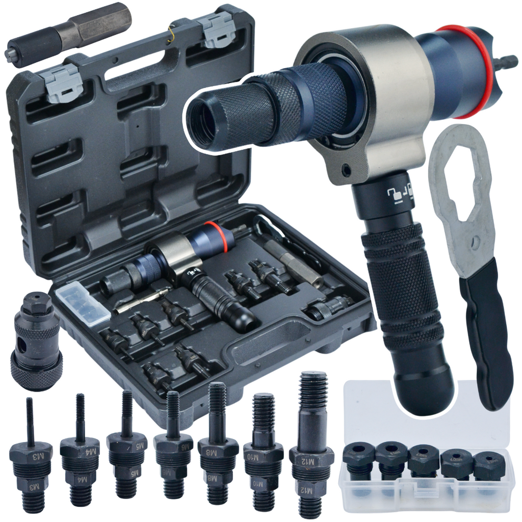 3-ühes neetimispüstol neetmutrite ja neetide jaoks koos 13-osalise adapterikomplektiga kruvikeeraja trellile