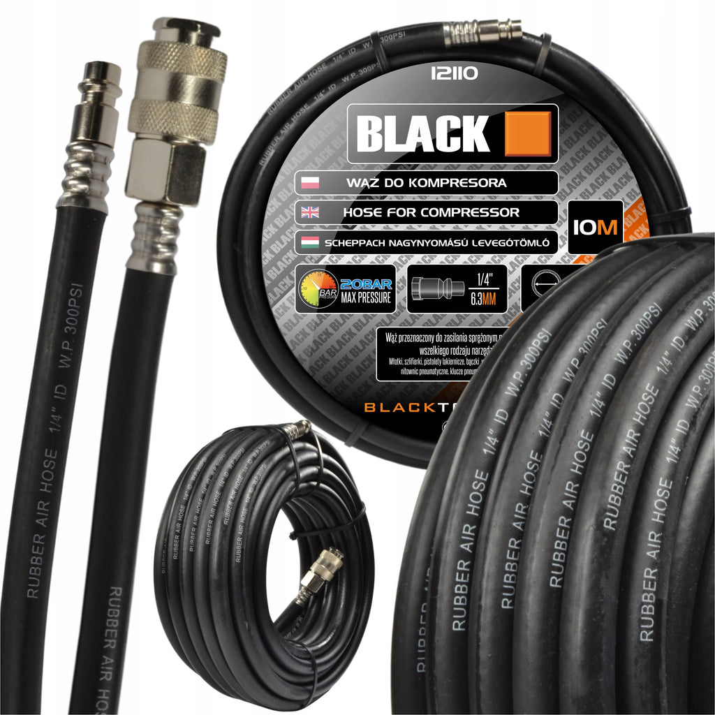 Black 10M 1/4" Rubber Hose Crimped Pneumatic Pipe for Compressor