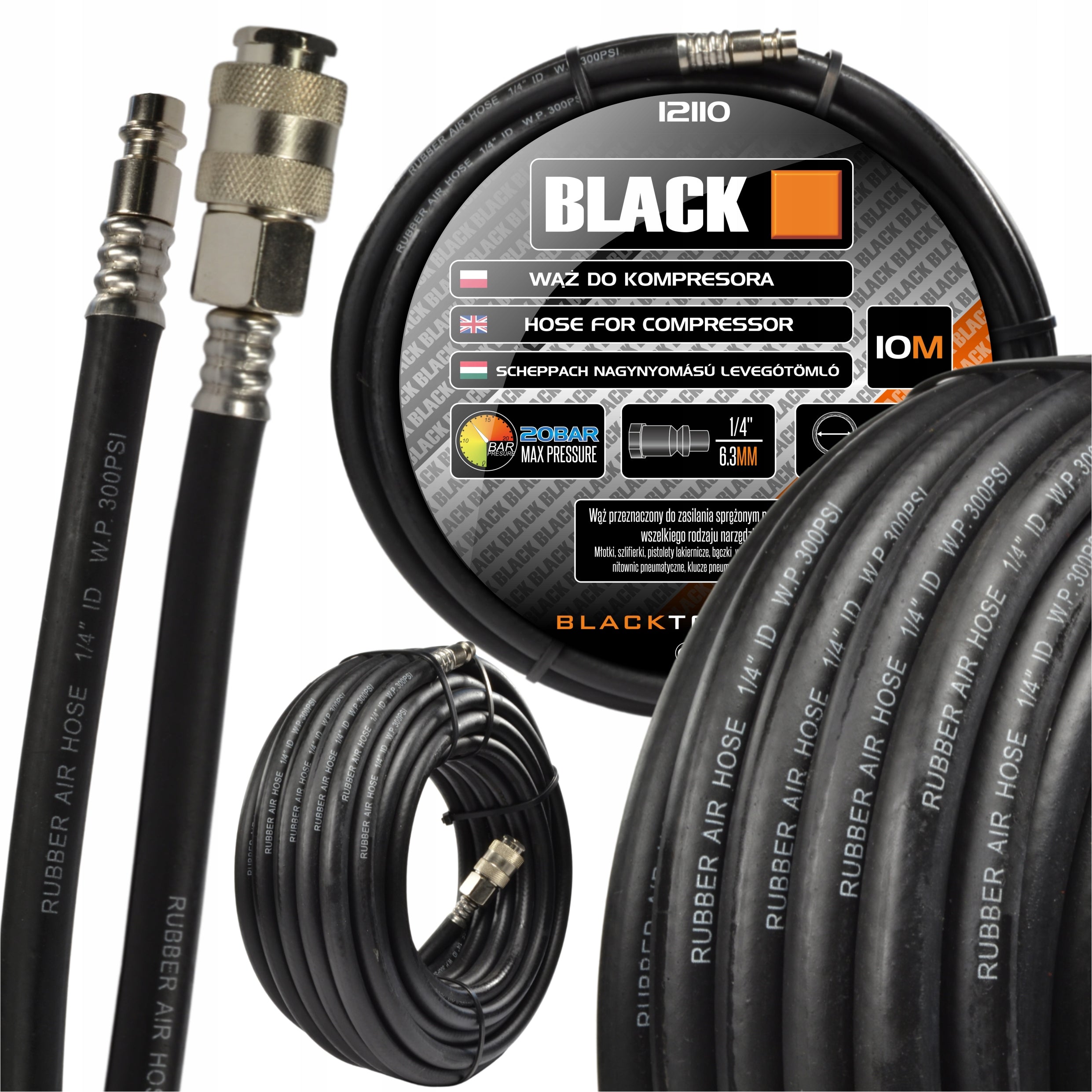 Black 10M 1/4" Rubber Hose Crimped Pneumatic Pipe for Compressor