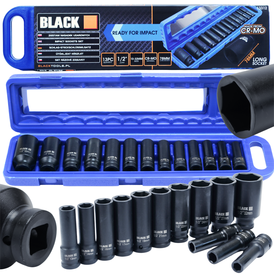 Suur löökmutrivõtmete kuuskantkomplekt 1/2" ajam 10-32mm, 13 tk, Black karbis