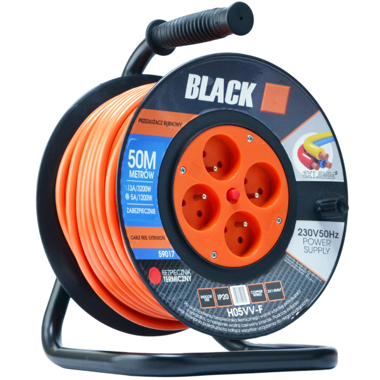 Aia pikendusjuhtme rull Poola bränd 50m 3x1.5 H05VV-F Black rull