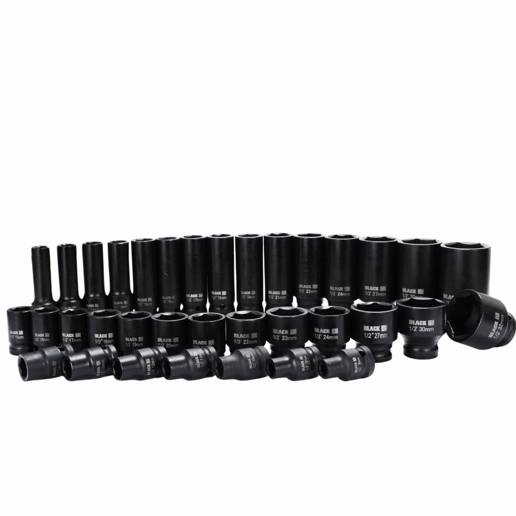 Large Set of 35 Impact Sockets 8-32mm 1/2" Hexagon Black CrMo in Case