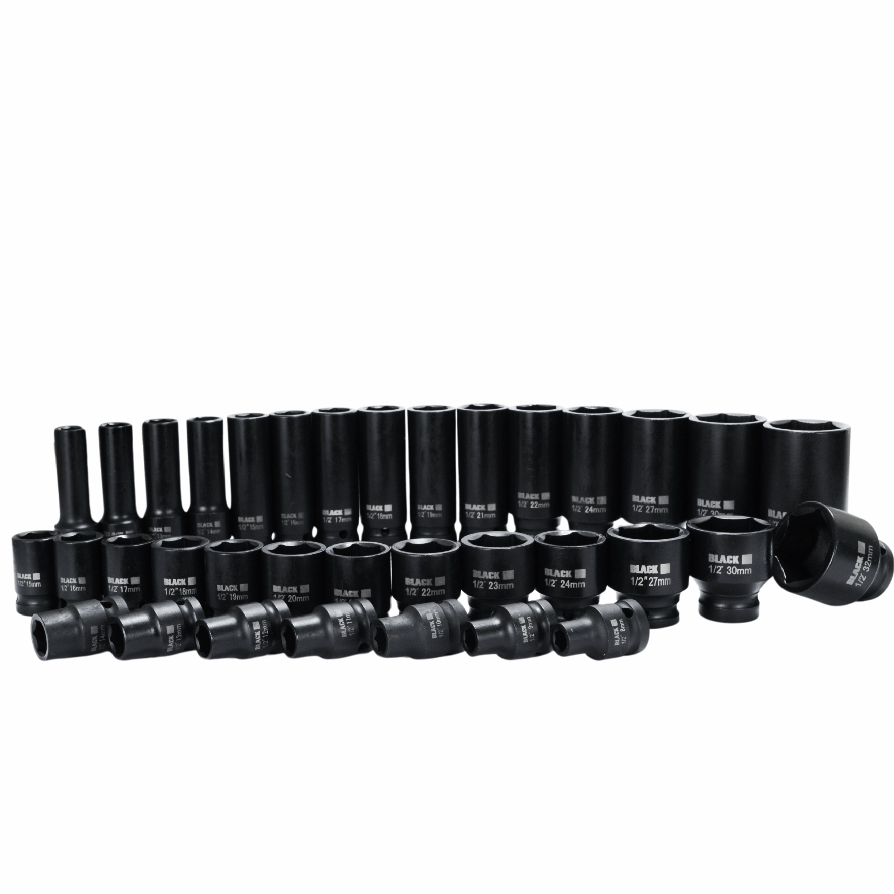 Suur 35-osaline löökpadrunite komplekt 8-32mm 1/2" kuusnurk Black CrMo karbis