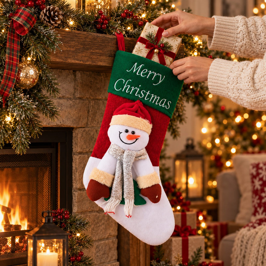 Christmas Stocking Santa Boot with Snowman Bag 1 pc