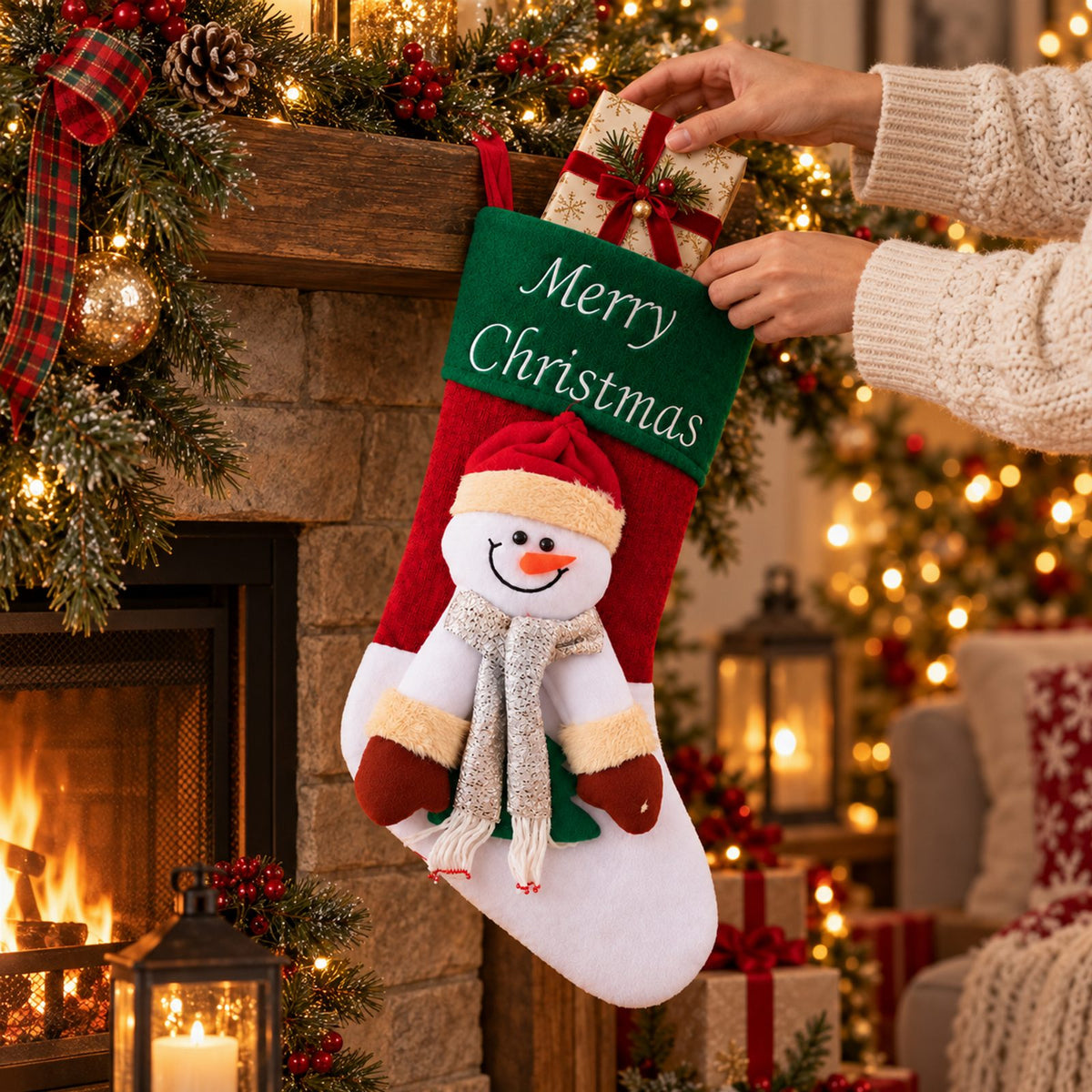 Christmas Stocking Santa Boot with Snowman Bag 1 pc