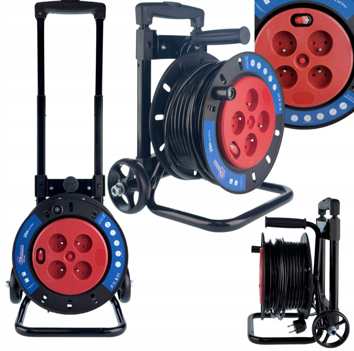 25 m pikenduskaabli rull 3×2,5 mm² IP44 ratastega raamiga (25 m)