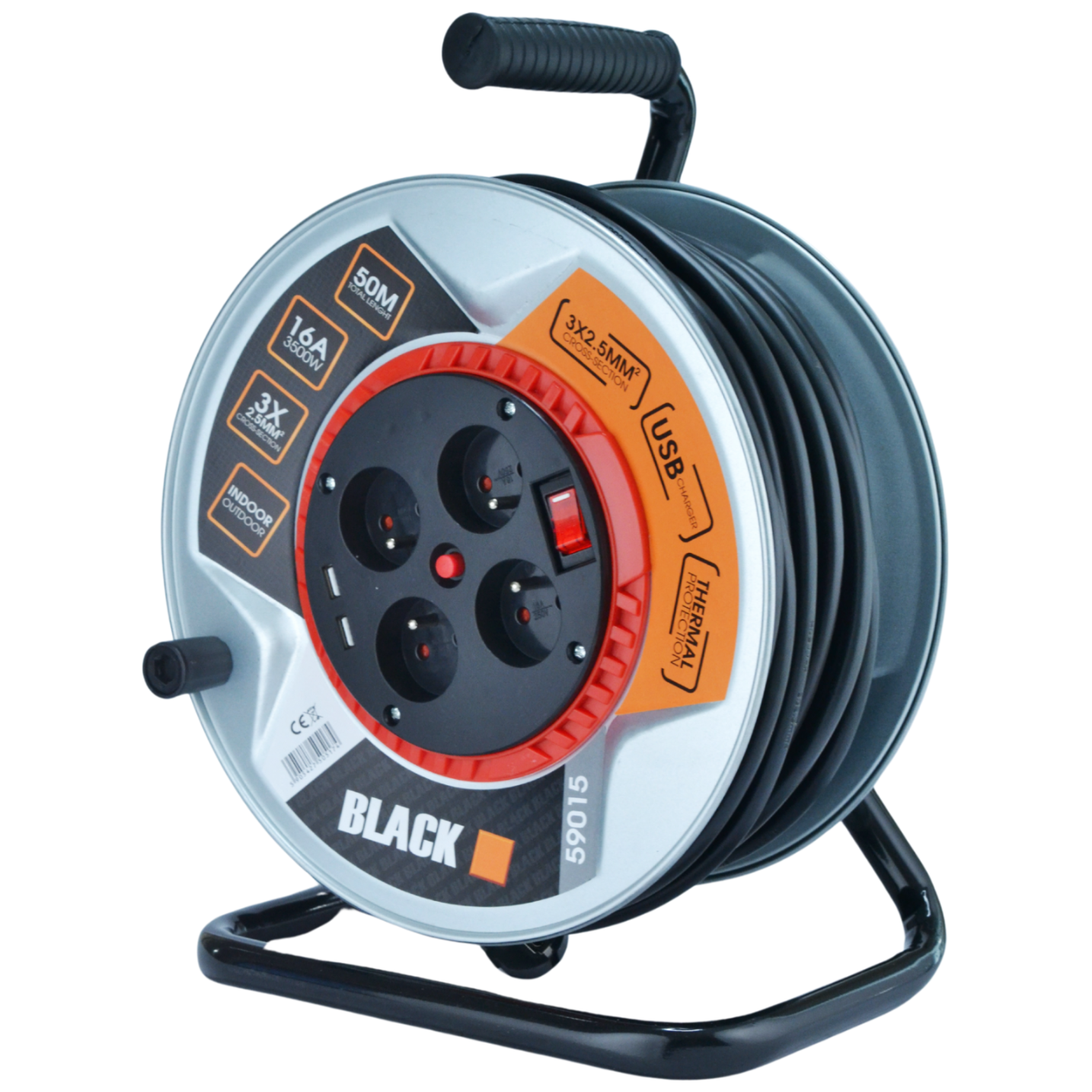 Pikenduskaabel metalltrummel 50m 3x2.5 jäme Black