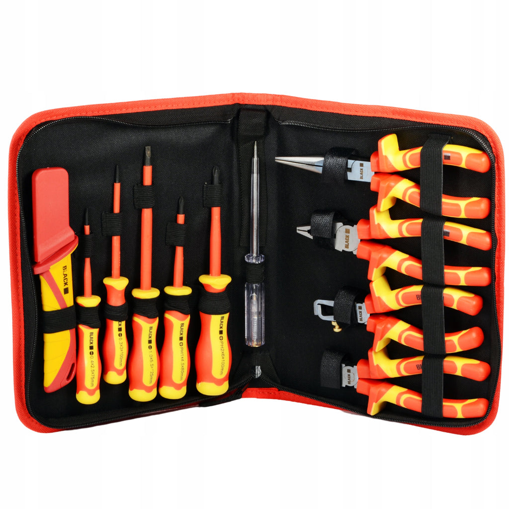 MEGA SET OF 11 INSULATED 1000V TOOLS AND SCREWDRIVERS FOR ELECTRICIANS, BLACK