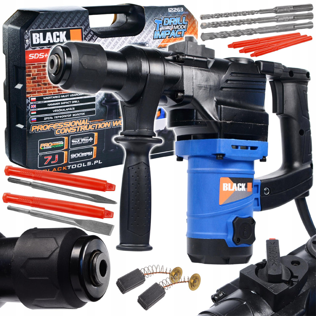 Impact Rotary Hammer SDS+ with Case, 3 Drill Bits, and Chisels – Black