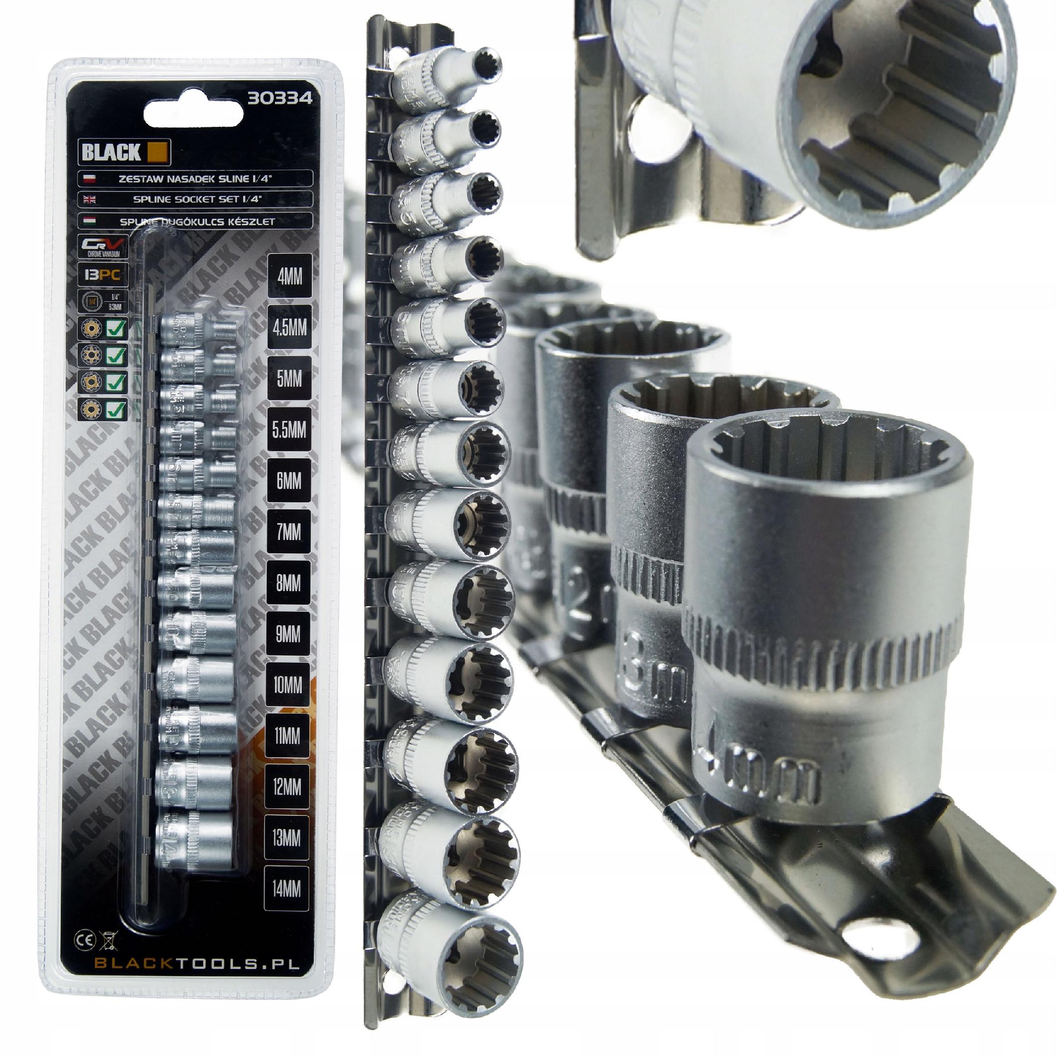 13-Piece 1/4" Spline Socket Set on Rail, 12-Point Cr-V