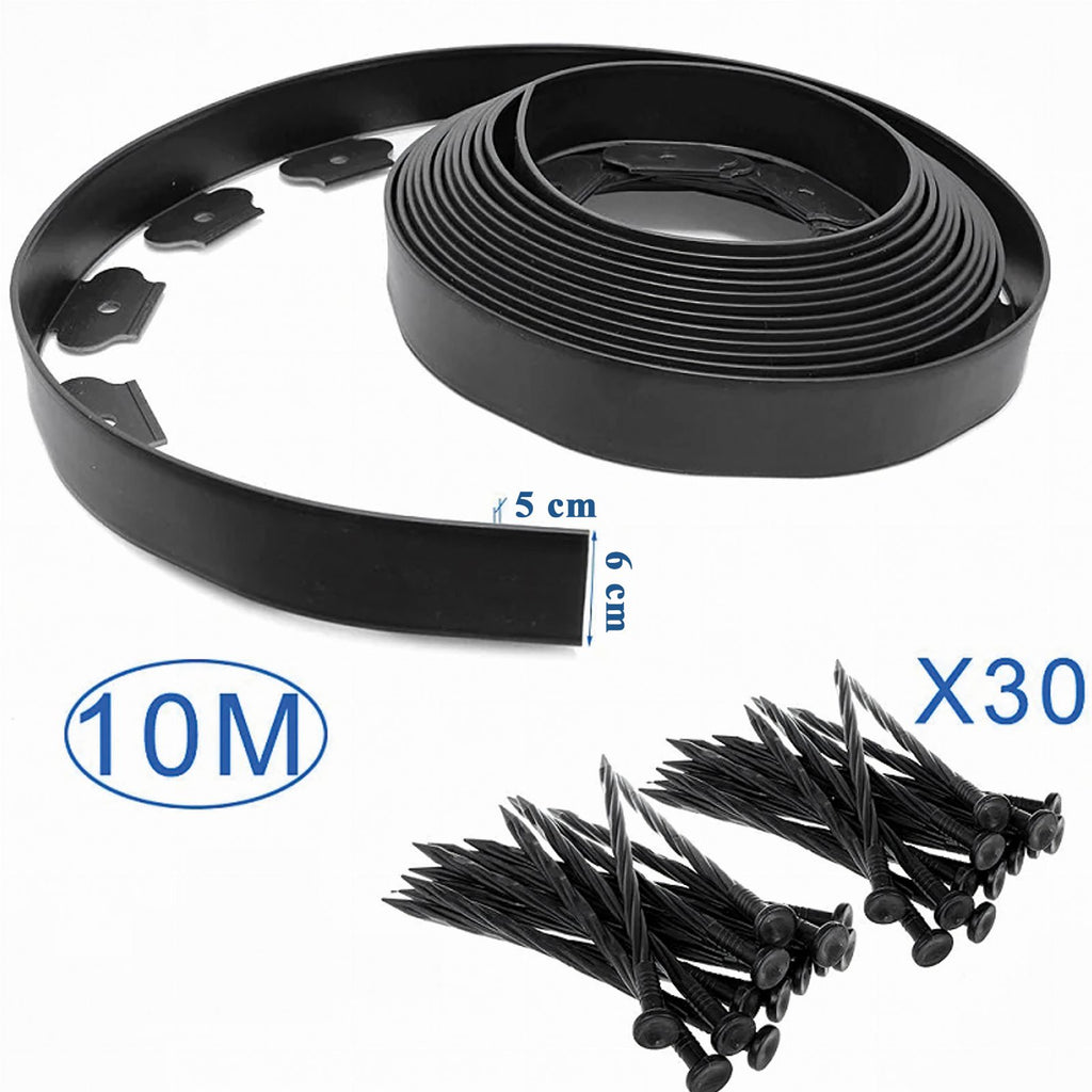 Garden Lawn Edging Set 60mm x 50mm x 10m with 30 Black Anchors