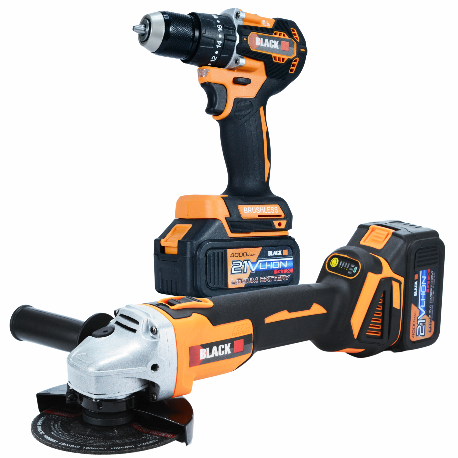 Cordless Tool Set 21V 2-in-1 Grinder and Impact Drill-Driver with 2x 4Ah Batteries, Black