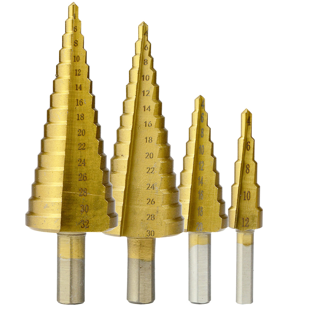 4pc Titanium Step Drill Bit Set Conical 4-32