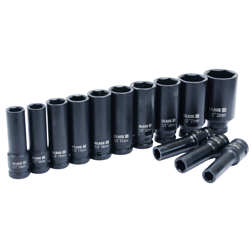 Suur löökmutrivõtmete kuuskantkomplekt 1/2" ajam 10-32mm, 13 tk, Black karbis
