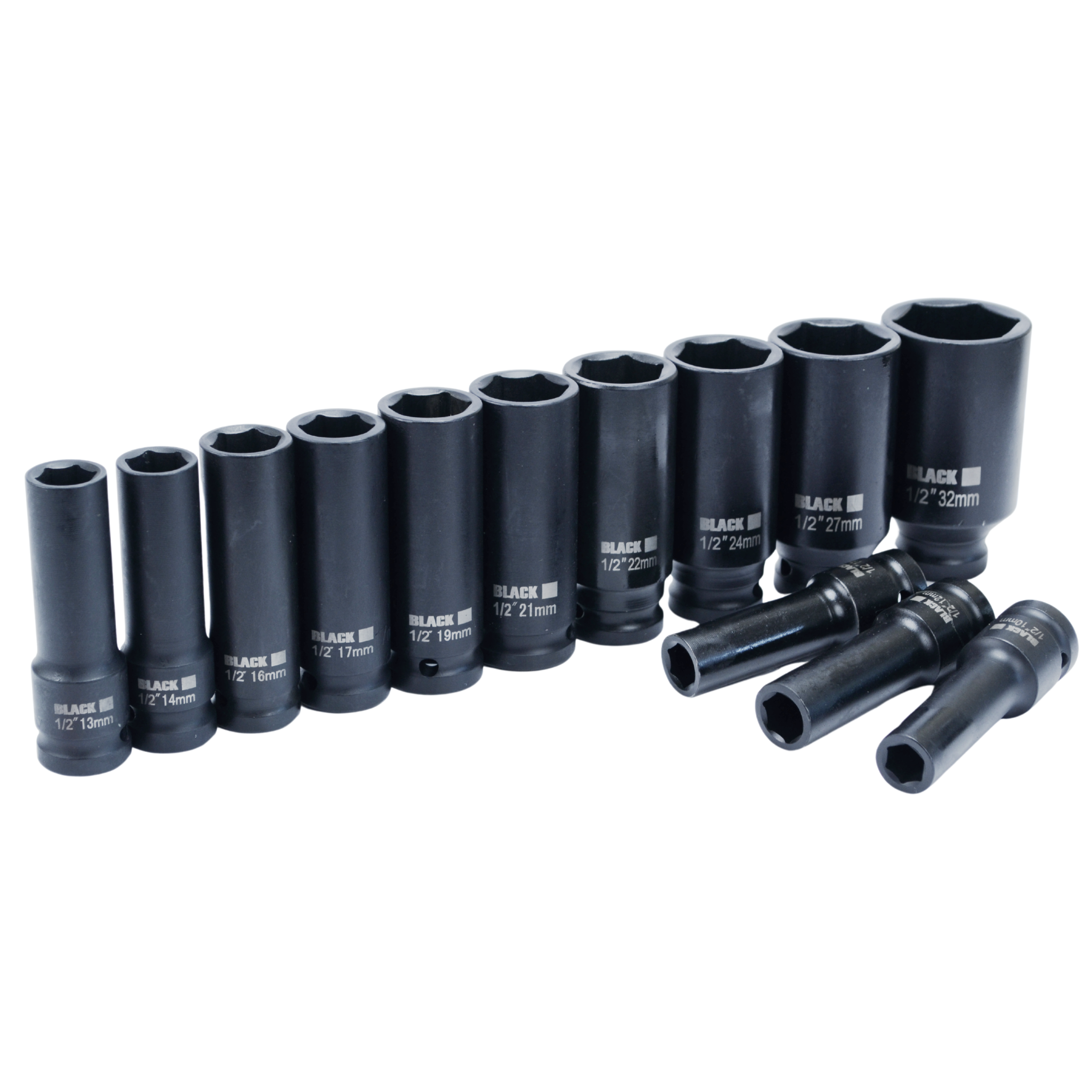 Suur löökmutrivõtmete kuuskantkomplekt 1/2" ajam 10-32mm, 13 tk, Black karbis
