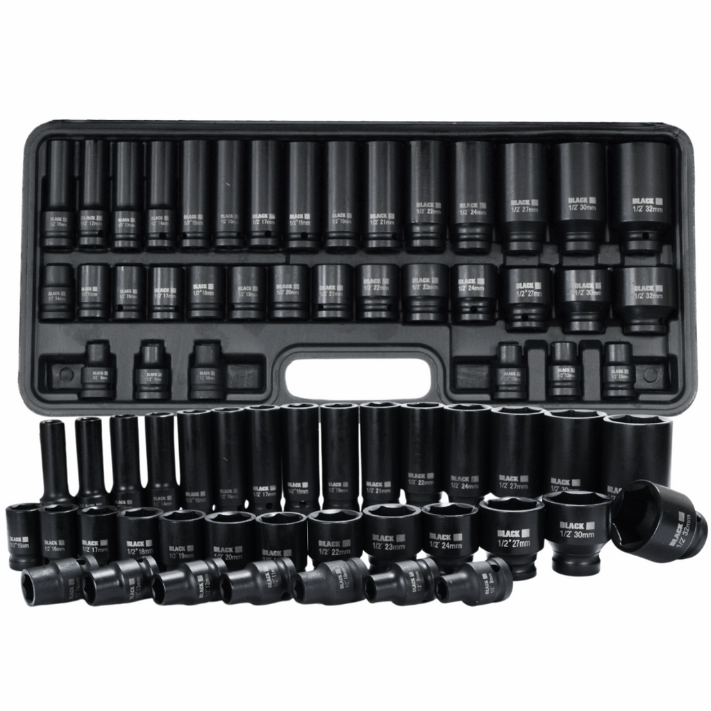 Large Set of 35 Impact Sockets 8-32mm 1/2" Hexagon Black CrMo in Case