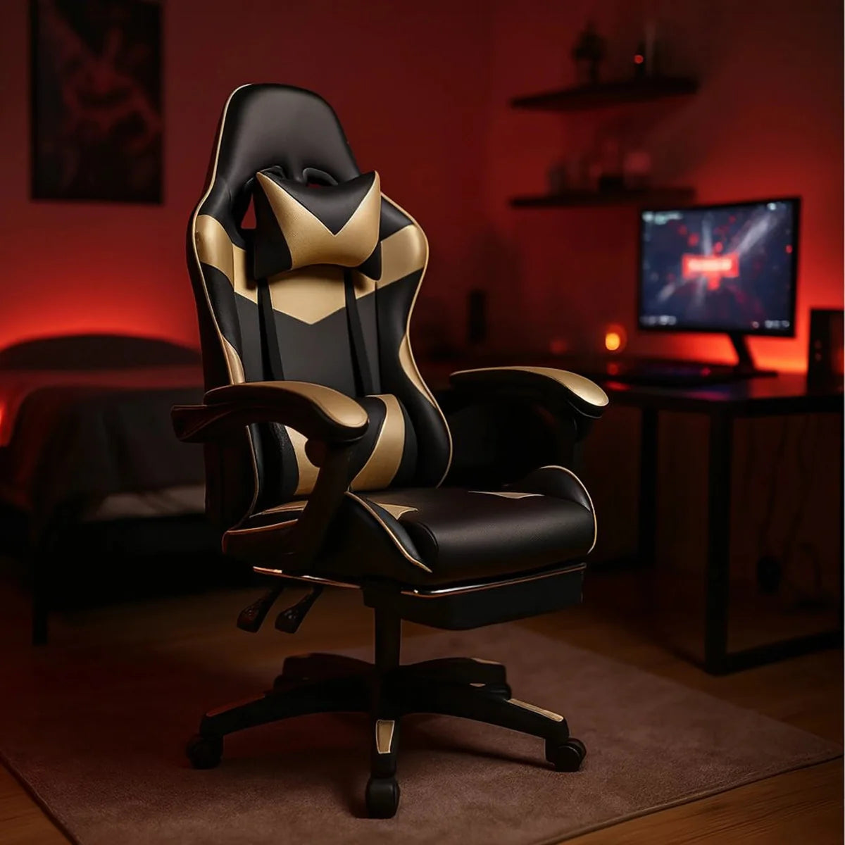 Ergonoomiline mänguri kontoritool väljatõmmatava jalatoega, kandevõime 150 kg