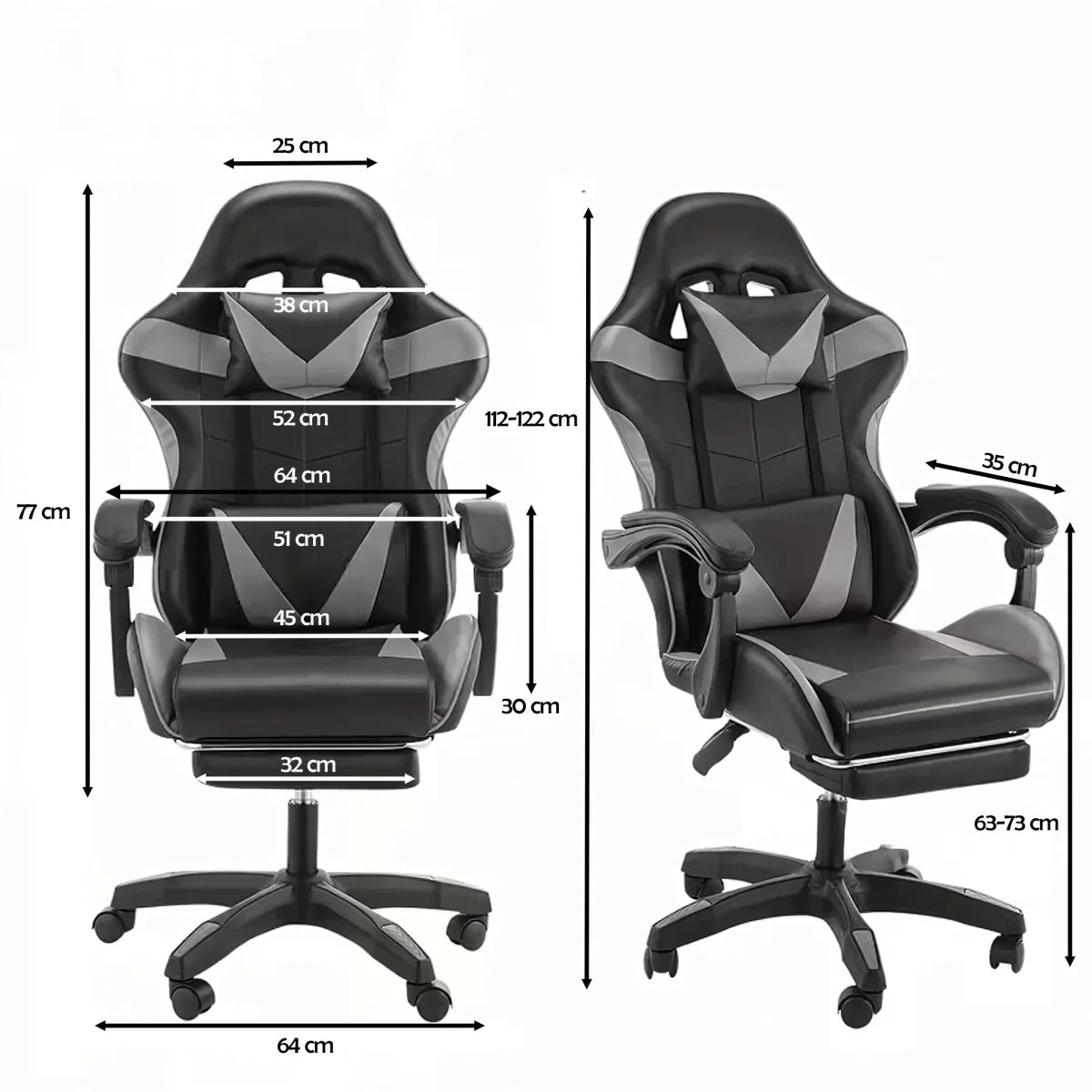 Ergonoomiline mänguri kontoritool jalatoega, kuni 150 kg, hall-must