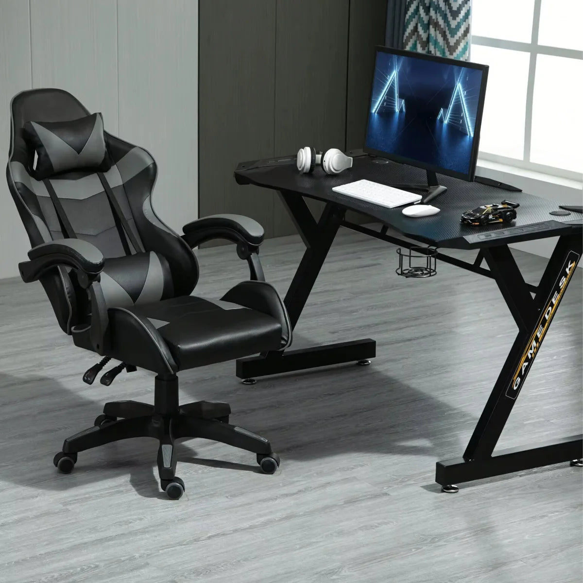 Ergonoomiline mänguri kontoritool jalatoega, kuni 150 kg, hall-must