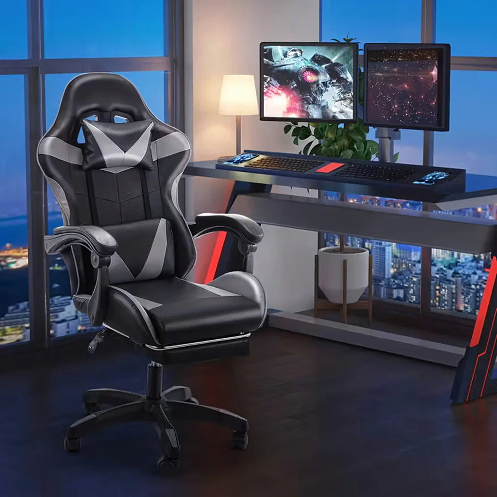 Ergonoomiline mänguri kontoritool jalatoega, kuni 150 kg, hall-must