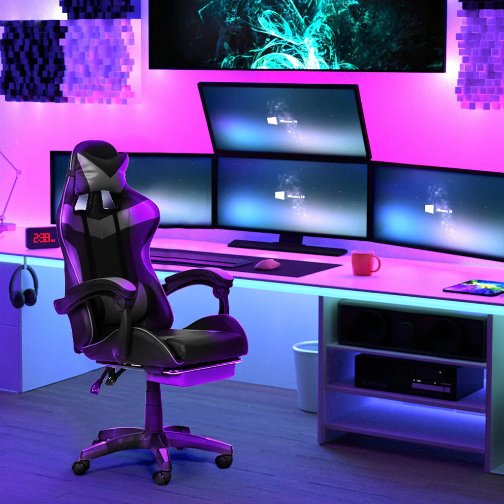 Ergonoomiline mänguri kontoritool jalatoega, kuni 150 kg, hall-must