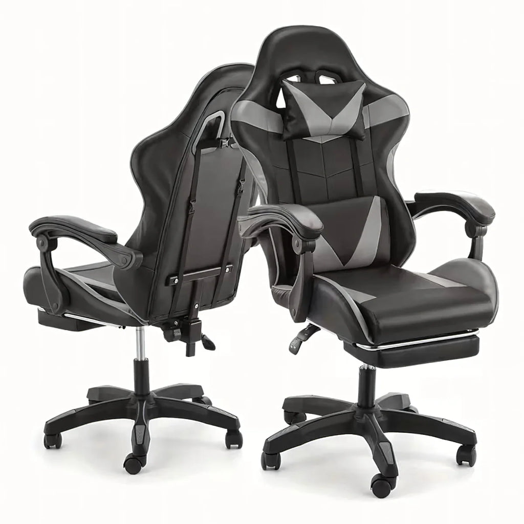 Ergonoomiline mänguri kontoritool jalatoega, kuni 150 kg, hall-must