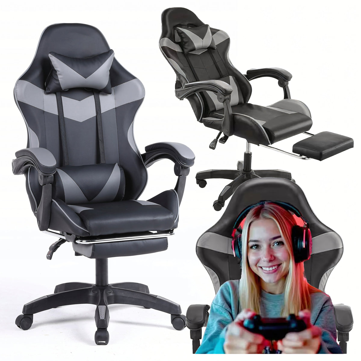 Gaming - kontoritool jalatoega kuni 150 kg, hall - must - Ostuklikk