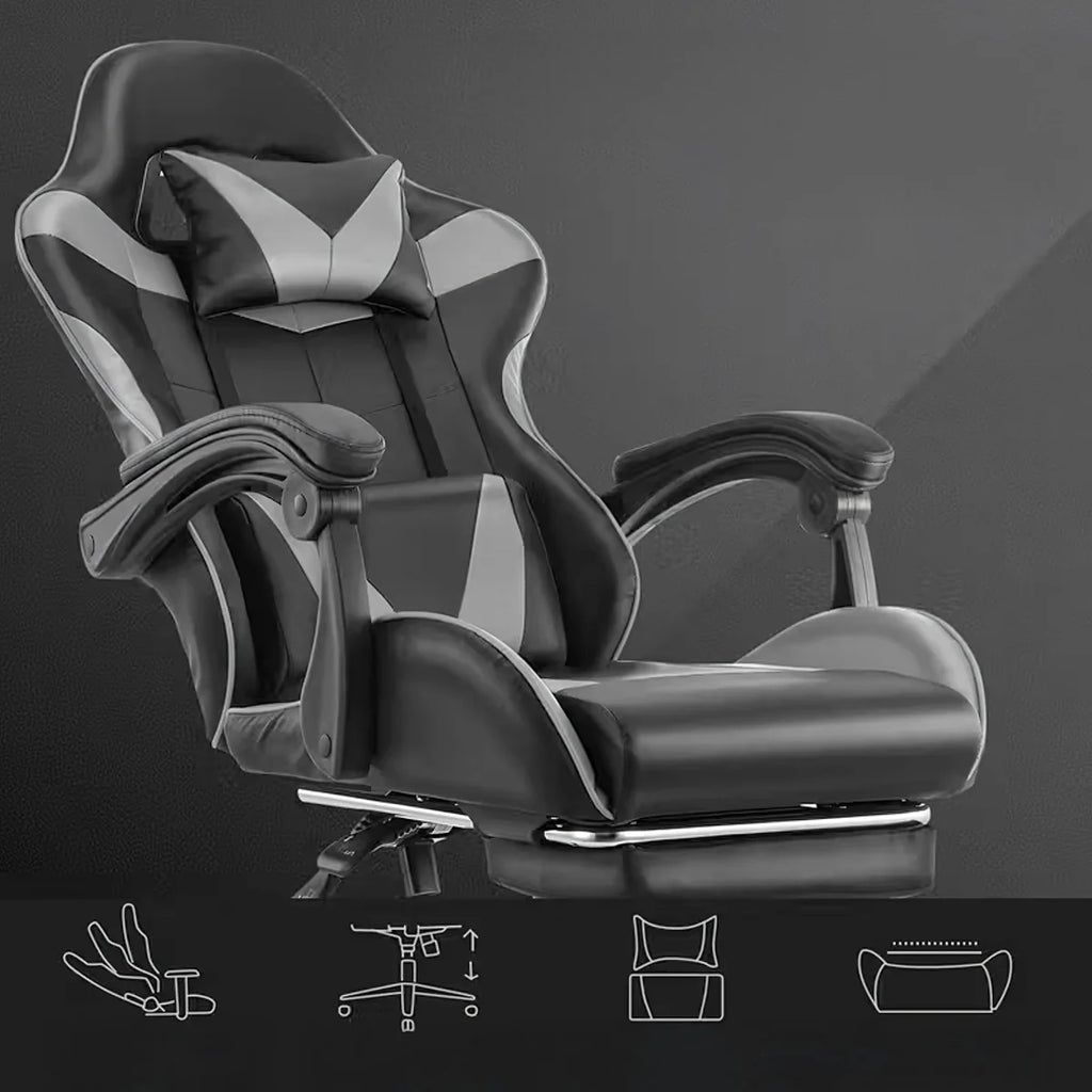 Ergonoomiline mänguri kontoritool jalatoega, kuni 150 kg, hall-must