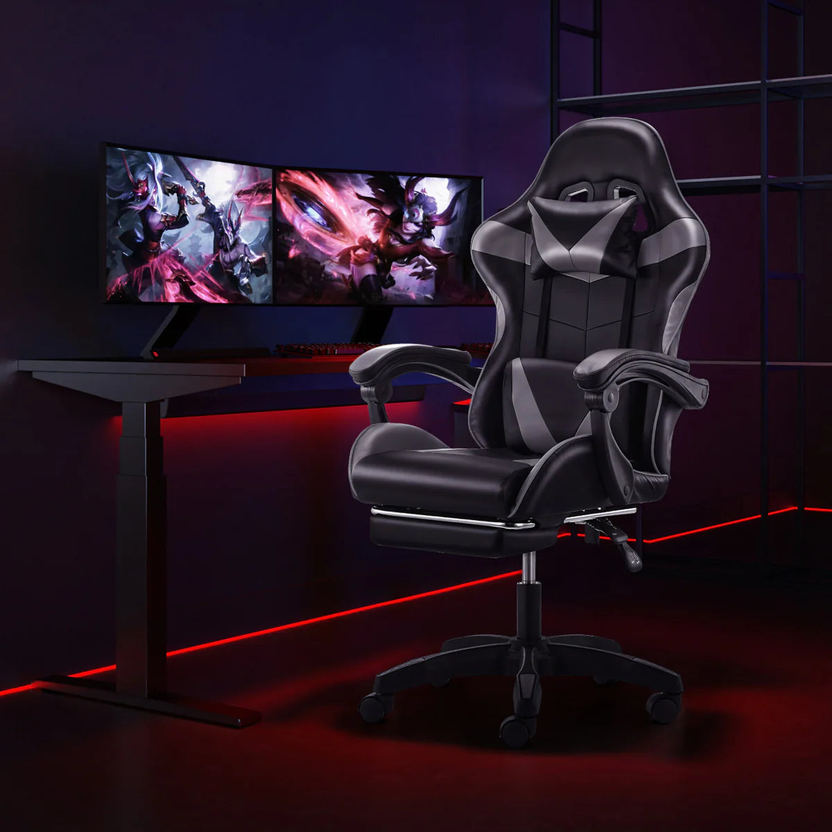 Ergonoomiline mänguri kontoritool jalatoega, kuni 150 kg, hall-must