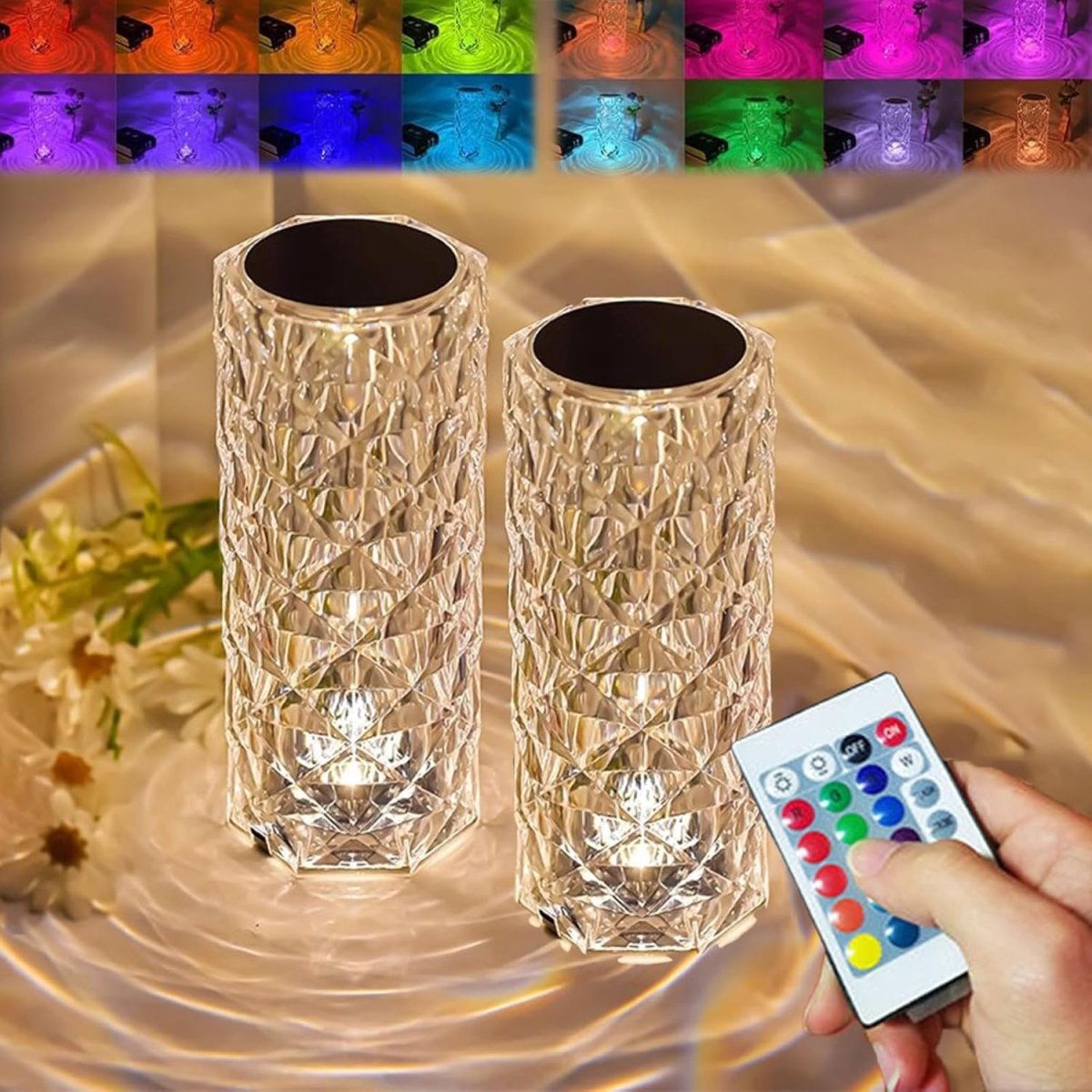Crystal Pattern LED Table Lamp with Remote – 16 Colors, USB Rechargeable