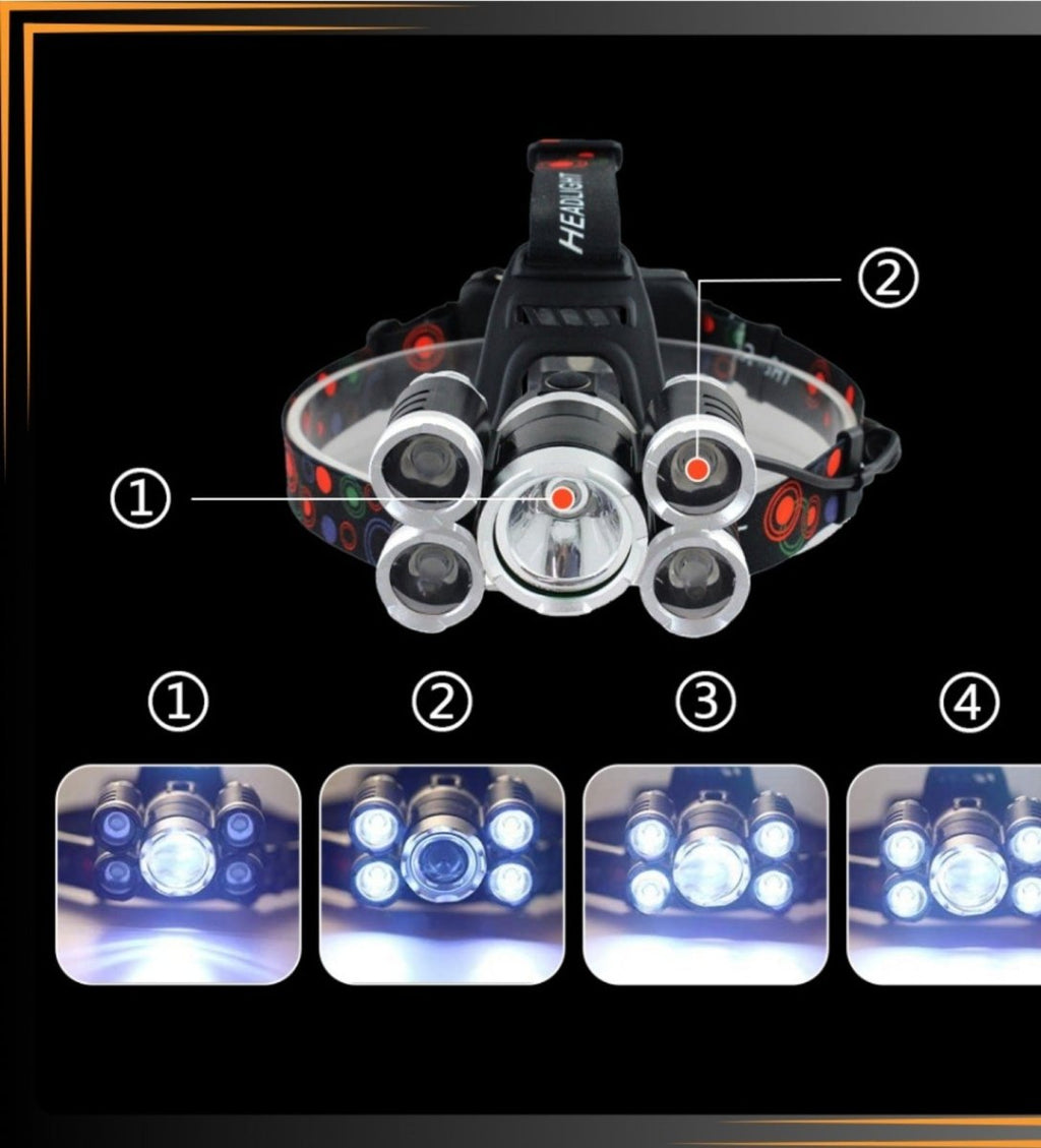 Laetav 5×LED pealamp koos 2×18650 akuga ja 5 režiimiga (ARSA GO)