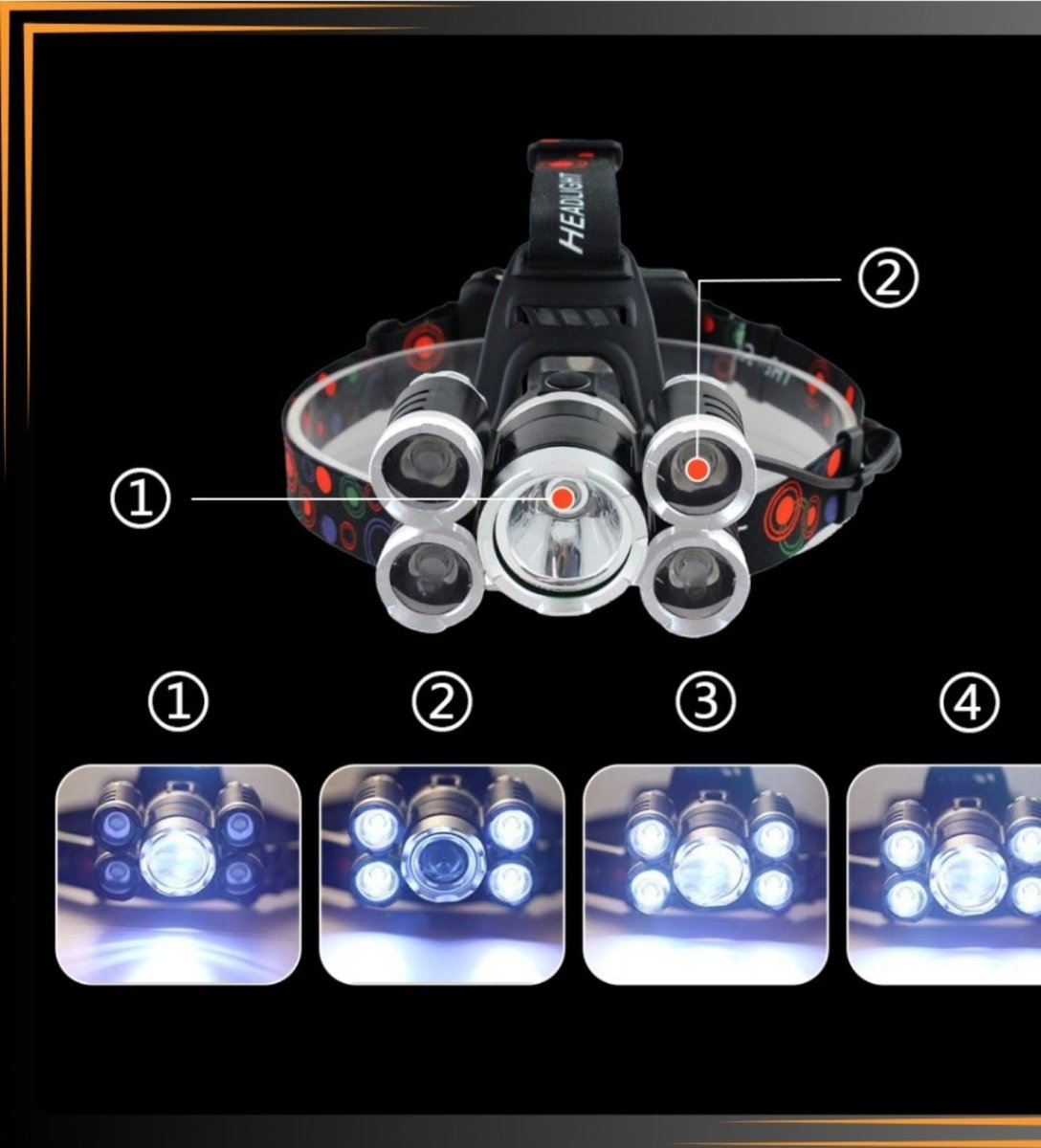 Laetav 5×LED pealamp koos 2×18650 akuga ja 5 režiimiga (ARSA GO)