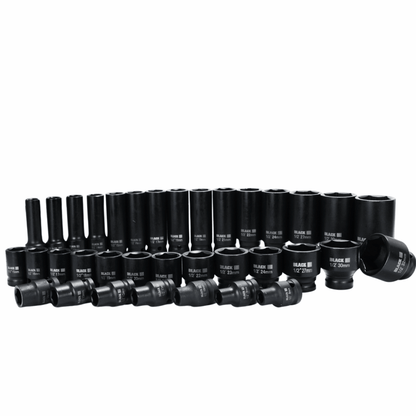 Löökpadrunikomplekt 1/2" HEX 8–32 mm (must) – 35 osa, BLACK – lühikesed ja pikad padrunid - Ostuklikk