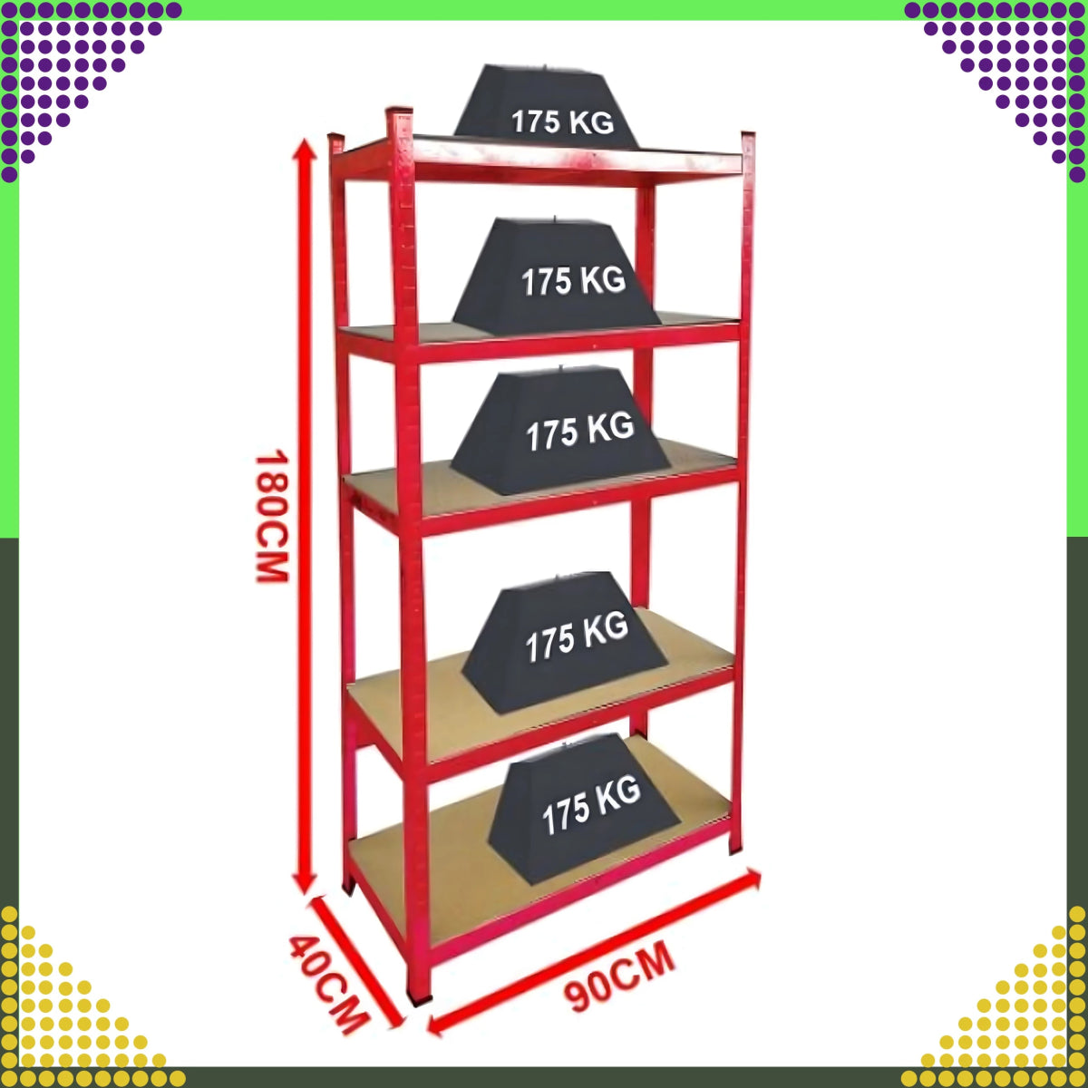 Metallriiul 180x90x40 cm, punane – 5 riiulit, 875 kg - Ostuklikk