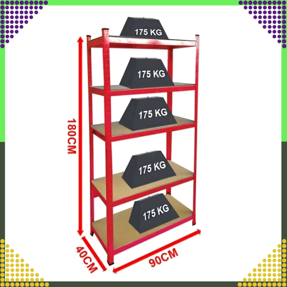 Punane metallist hoiuriiul 180x90x40 cm garaažile, keldrile, laole, kandevõime 875 kg