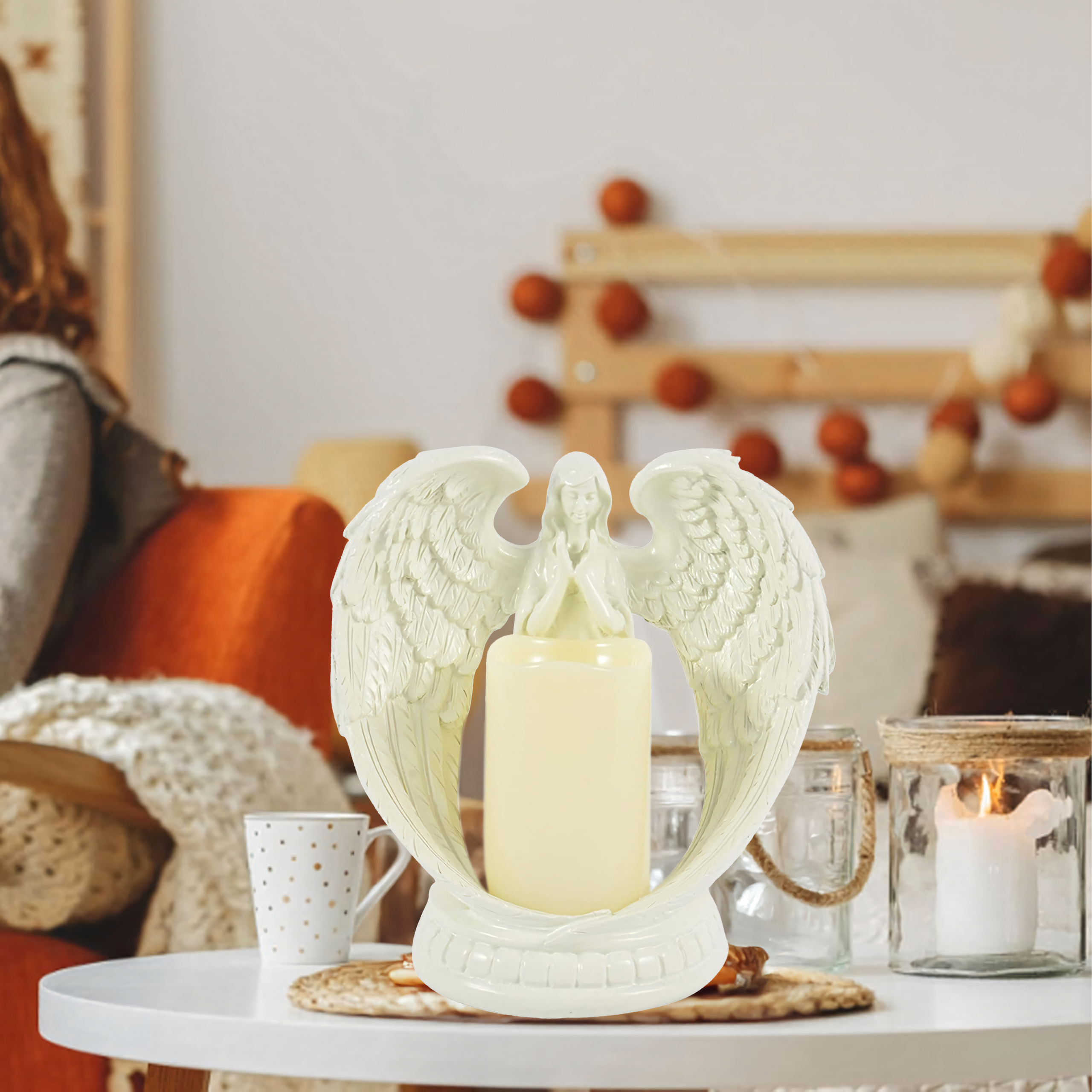 Dekoratiivne kujukese küünlaalus ingel LED jõulud aed 21cm