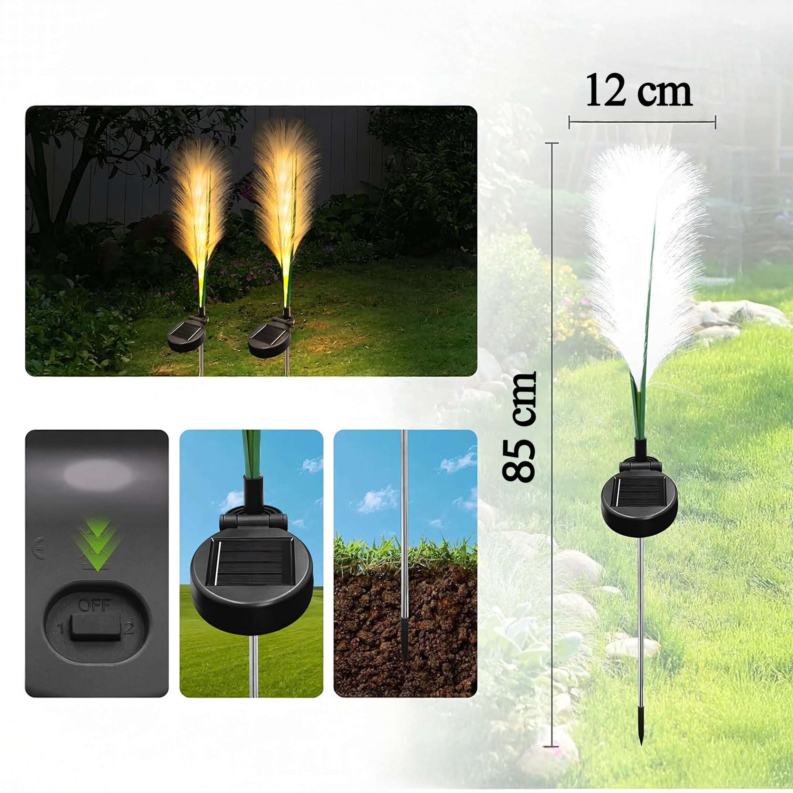 2x päikesepatareiga aiavalgusti dekoratiivse kõrrelise piigiga ja LED-paneeliga 85cm