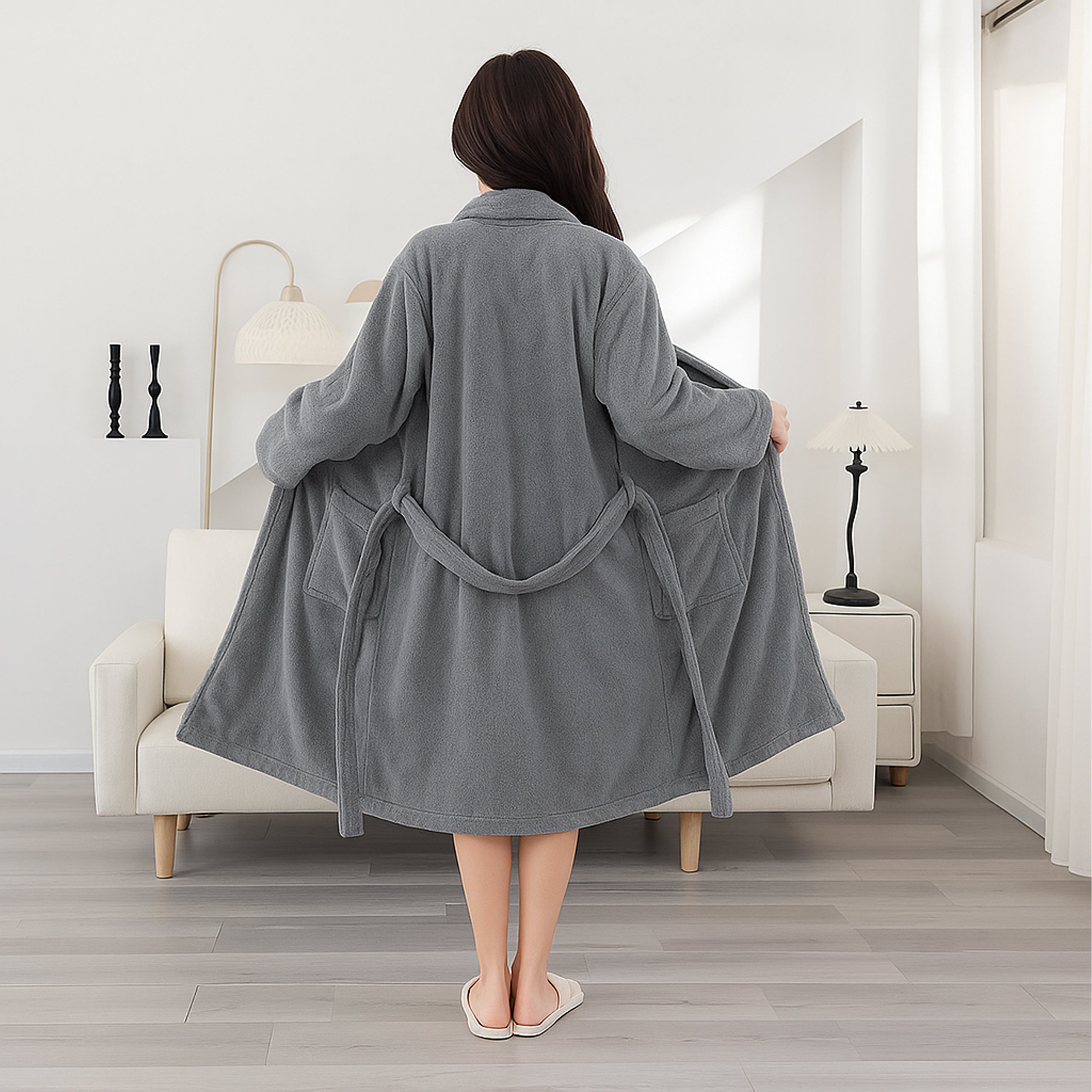 Classic Comfortable Warm Women's Hotel Bathrobe Tied Soft Gray