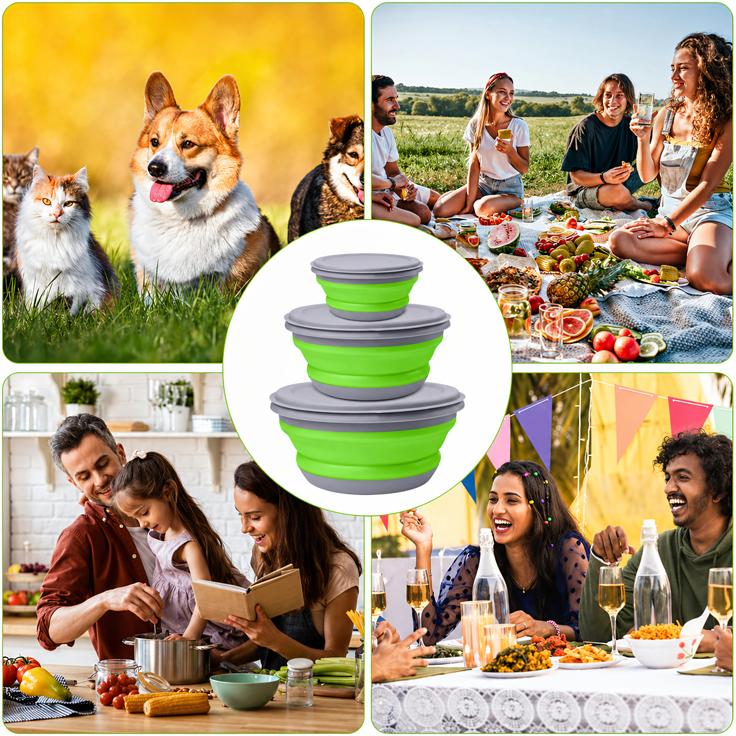 Set of 3 Collapsible Silicone Bowls Food Storage Containers for Travel 3 pcs